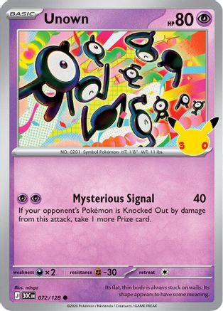 Unown 072/128  - Holofoil ME 30th Celebration - Common